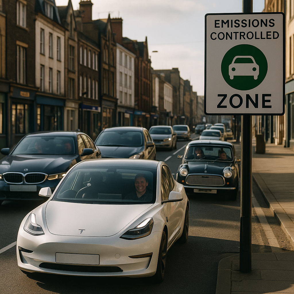 City drivers approaching an emissions control sign with mixed vehicles, illustrating Clean Air Zones explained for everyday motorists.