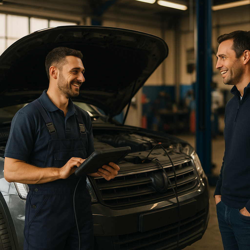 Mechanic advising a customer in a workshop with diagnostic tools, showing Clean Air Zones explained through practical emissions checks.