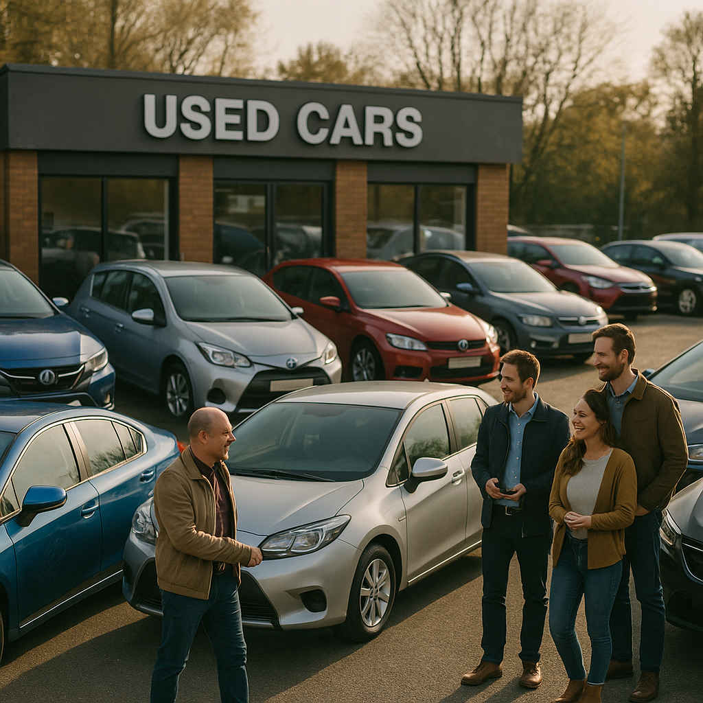 Used car forecourt where buyers discuss vehicle choices, with Clean Air Zones explained influencing which models they consider.