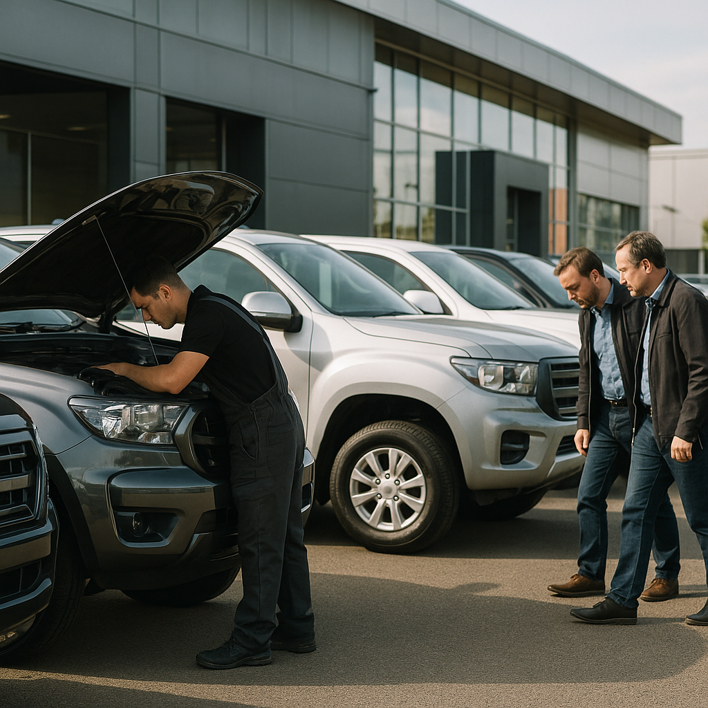 UK dealership forecourt showcasing modern ute-style pickups ready for trade buyers