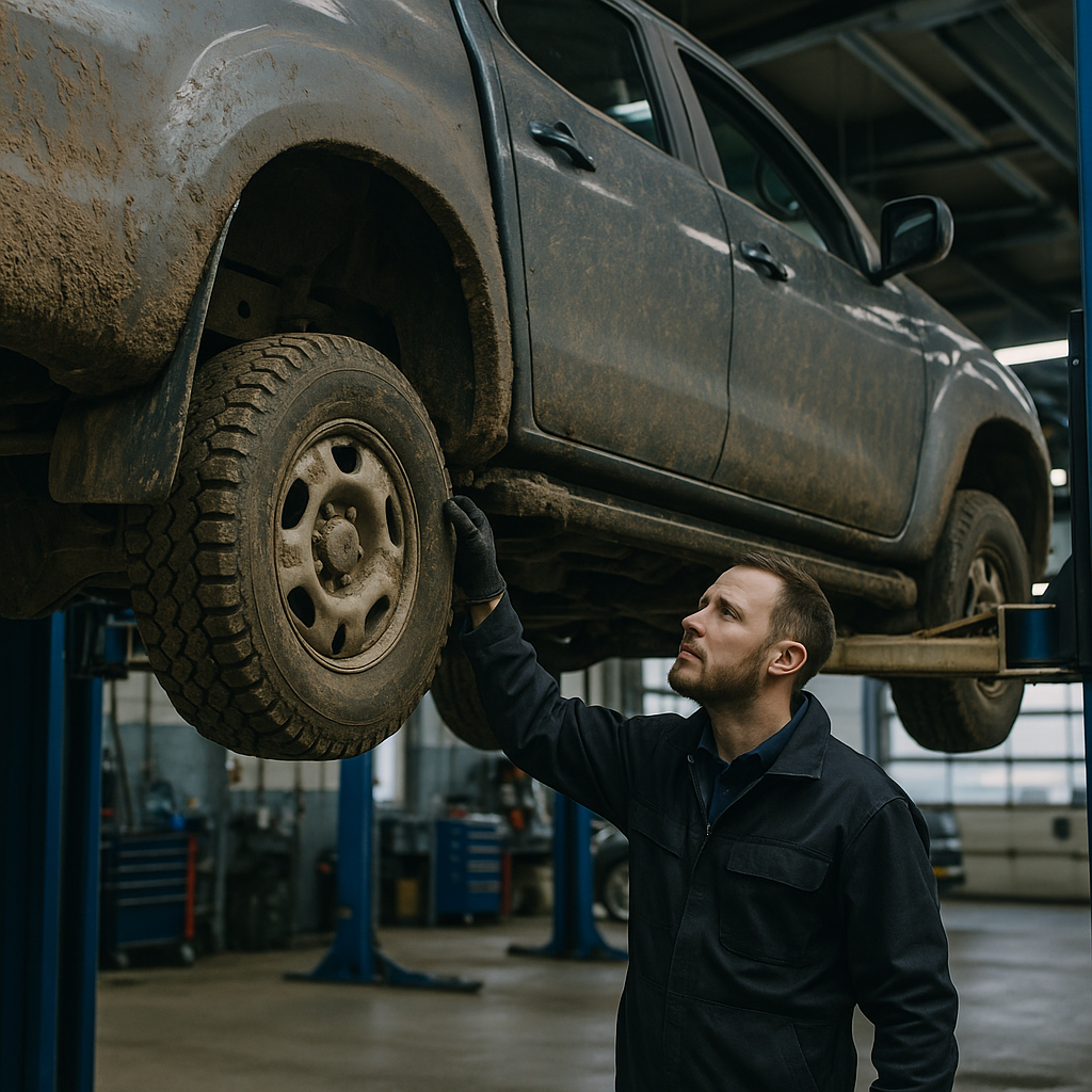 Mechanic carrying out underbody inspection on ute-style pickups in a workshop