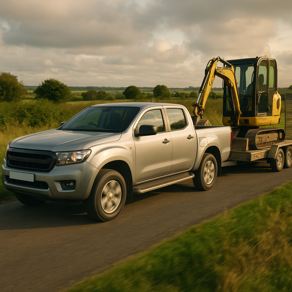 Ute-style pickups towing equipment on a UK road highlighting workhorse capability