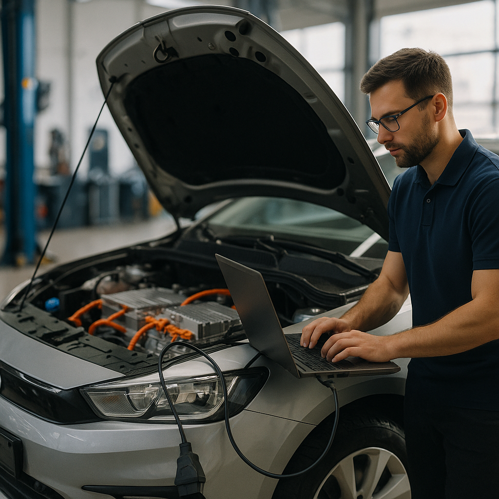 Technician reading state of health data to assess battery health on used electric cars