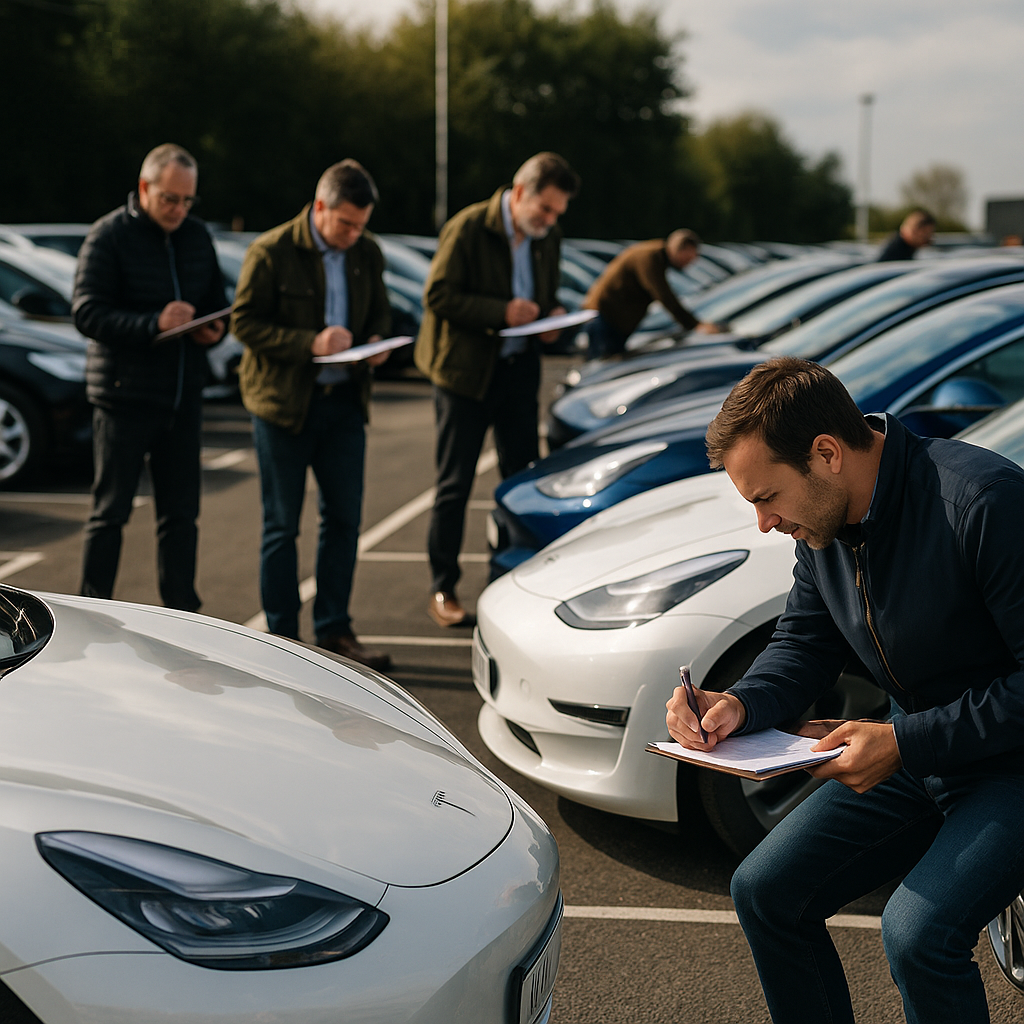 Motor traders inspecting stock while planning to assess battery health on used electric cars at auction
