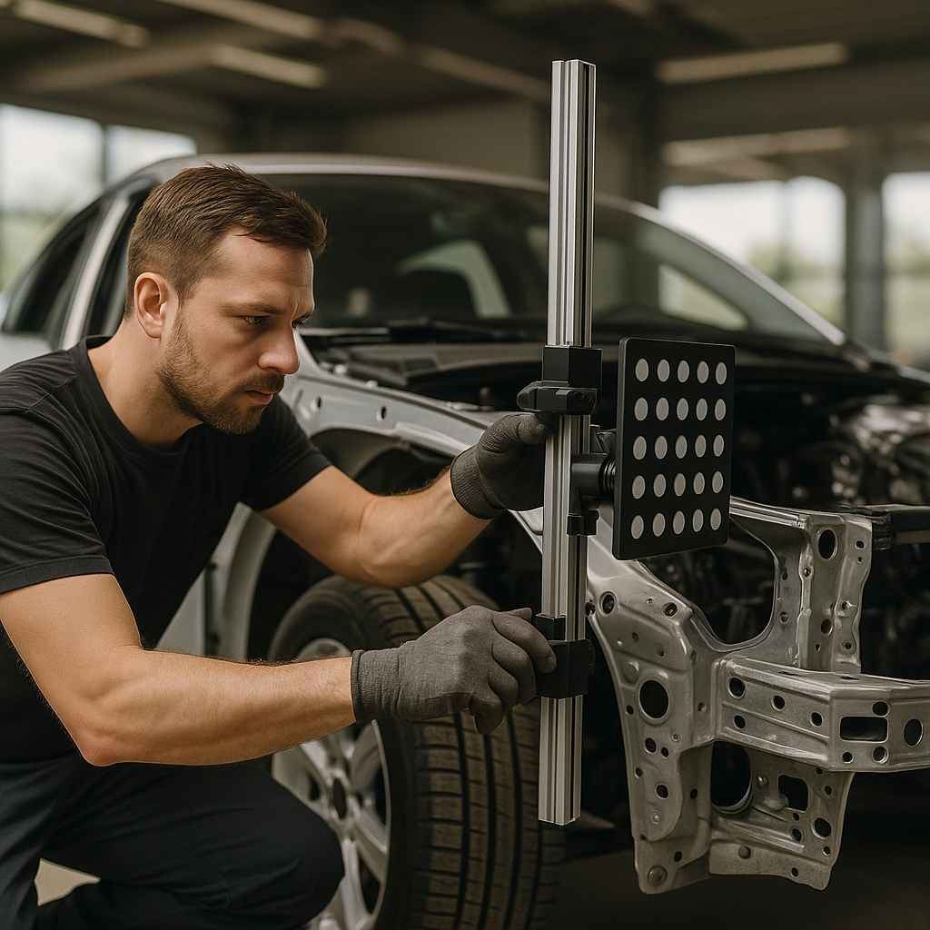 Bodyshop technician checking alignment on a vehicle built with a forged chassis using 3D measuring equipment