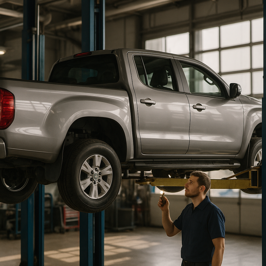 Technician checking the underside of used pickup trucks on a lift in a busy workshop