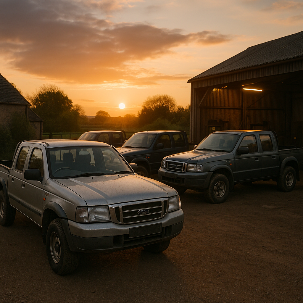 Row of used pickup trucks parked outside a rural UK motor trade workshop at dusk