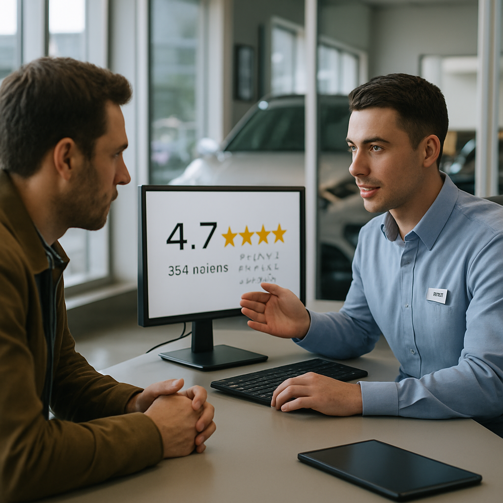 Service advisor at a dealership discussing online reviews in the motor trade with a customer
