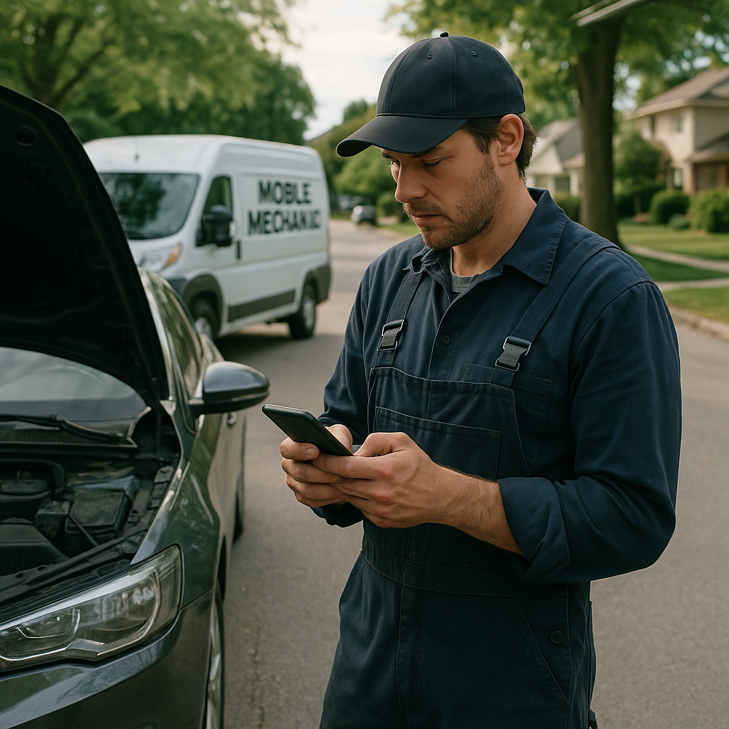 Mobile mechanic viewing online reviews in the motor trade on a smartphone next to a customer car