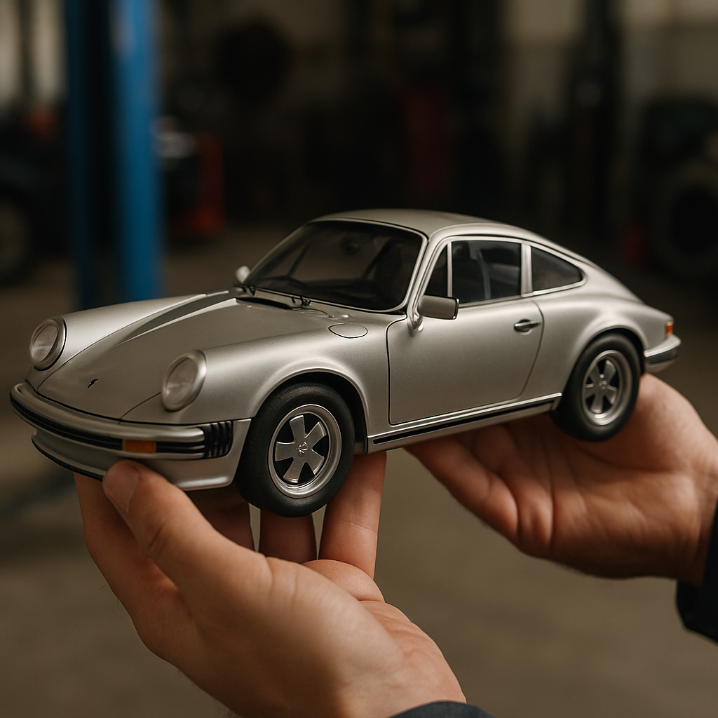 Person holding a detailed scale model during diecast car collecting