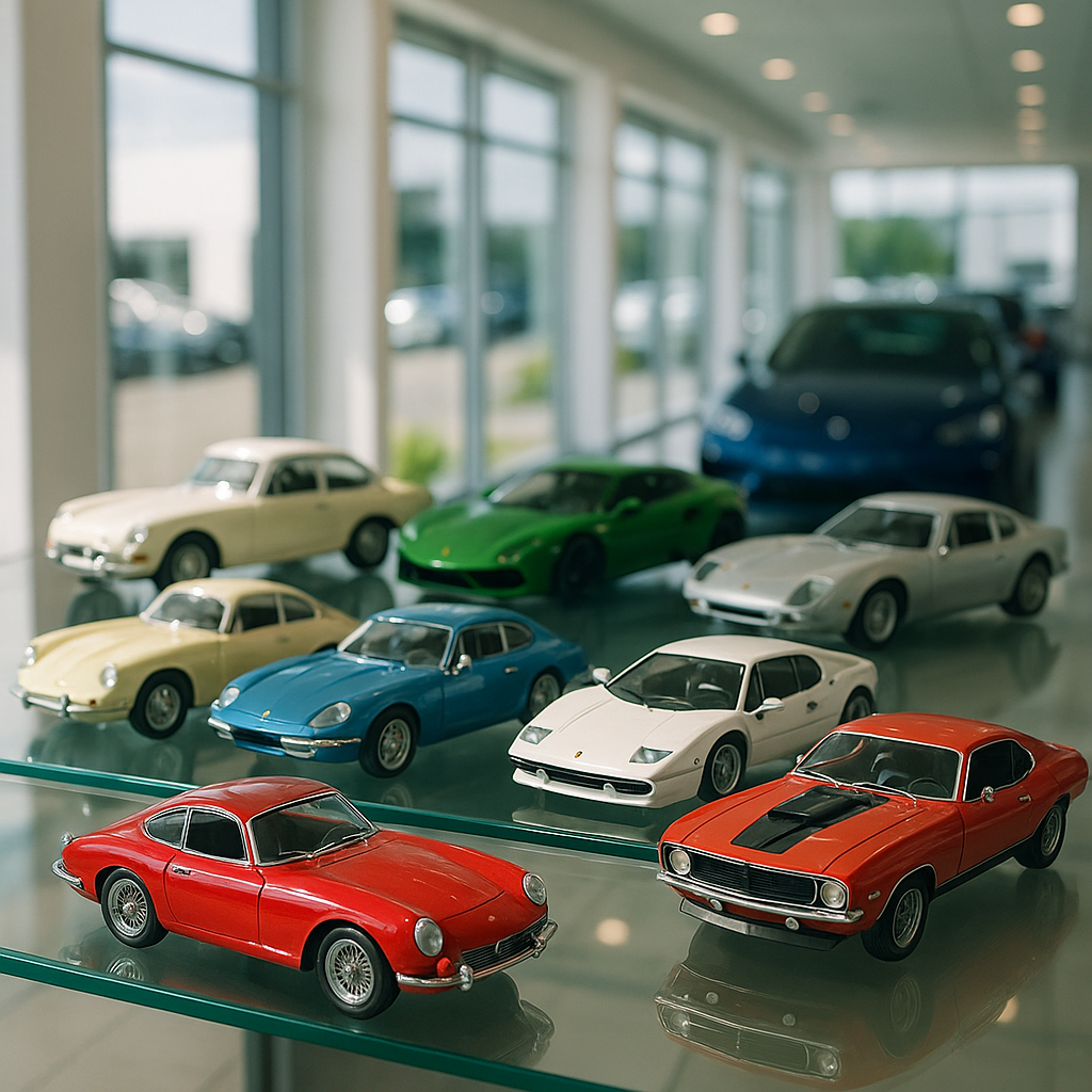 Diecast car collecting display inside a modern automotive showroom