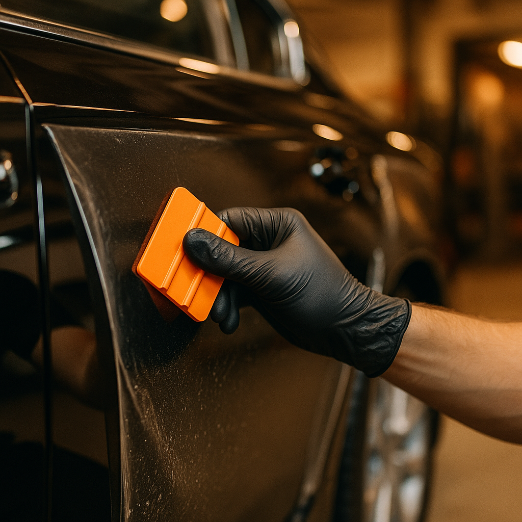 Technician smoothing paint protection film onto a vehicle door panel in a garage
