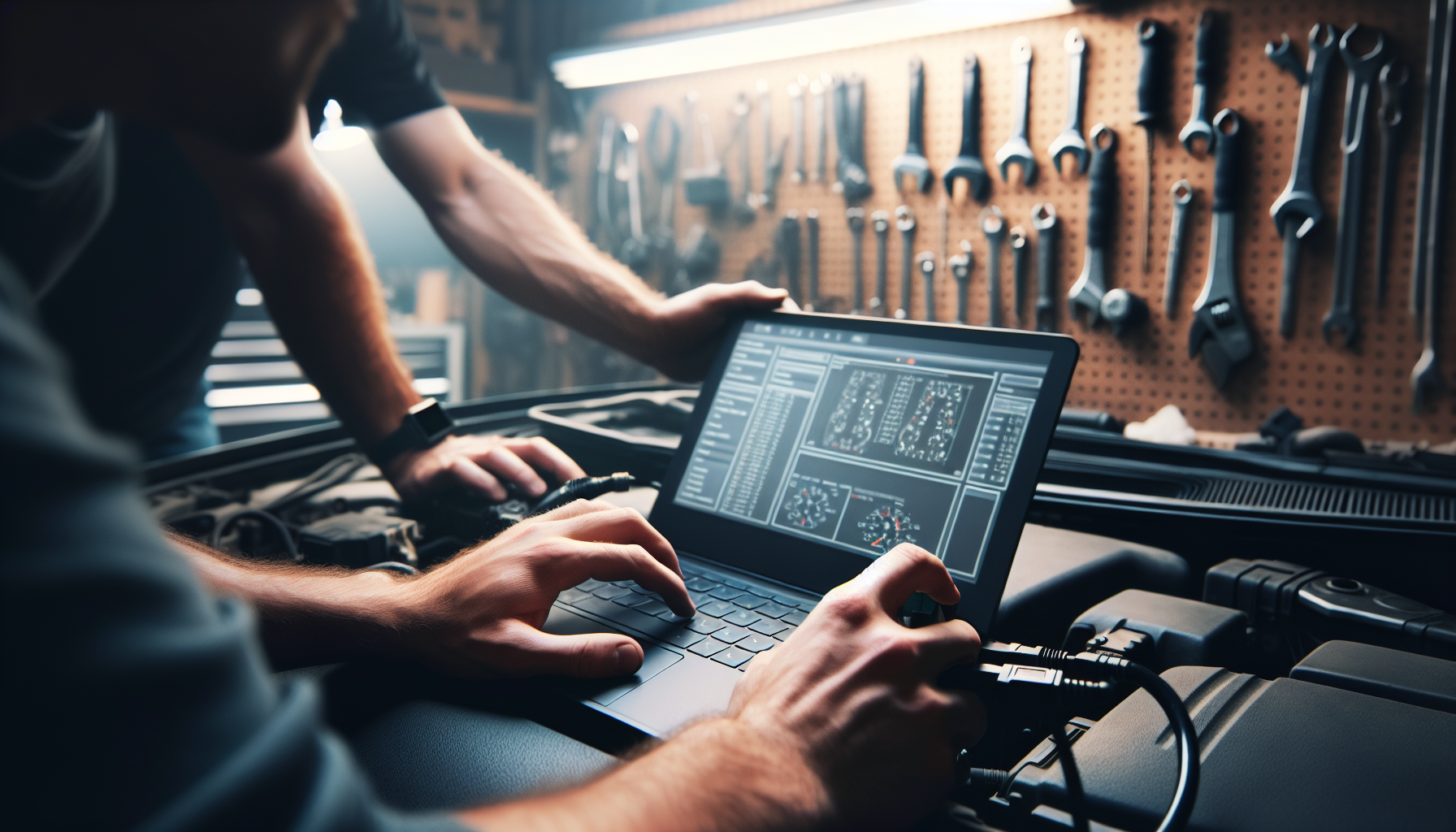 Workshop technician diagnosing ECU after over-the-air software updates using professional diagnostic equipment
