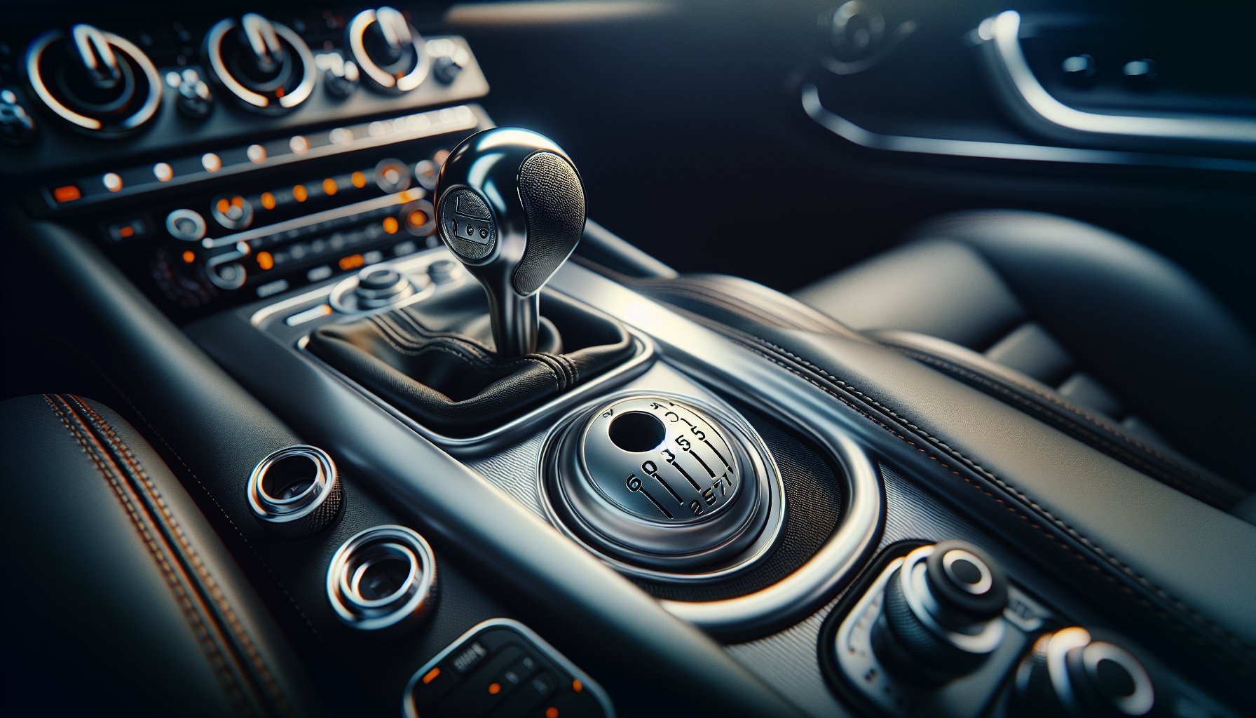 Close-up of a manual gearbox shifter inside a performance car showing the six-speed gate