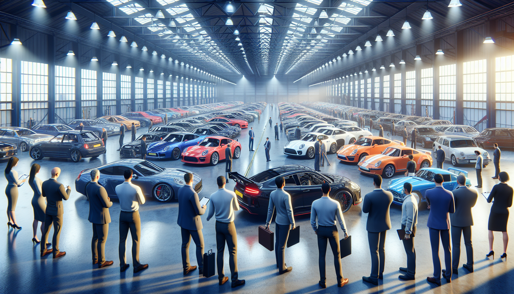 UK car auction hall with used manual gearbox performance cars lined up for trade buyers