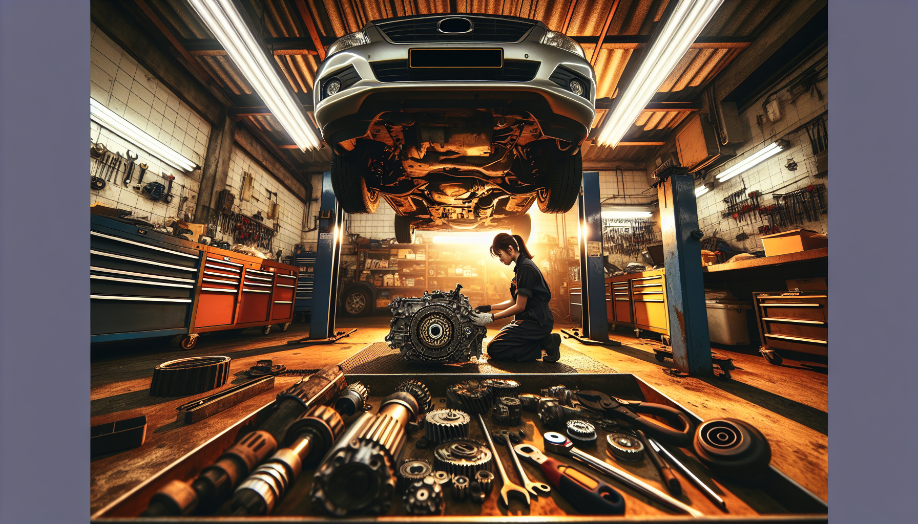 Automotive technician inspecting a manual gearbox and clutch assembly in a professional workshop