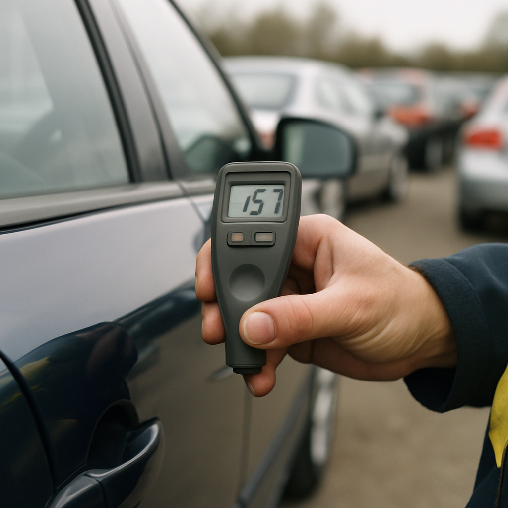 Paint depth gauge inspection during buying used car at auction UK process
