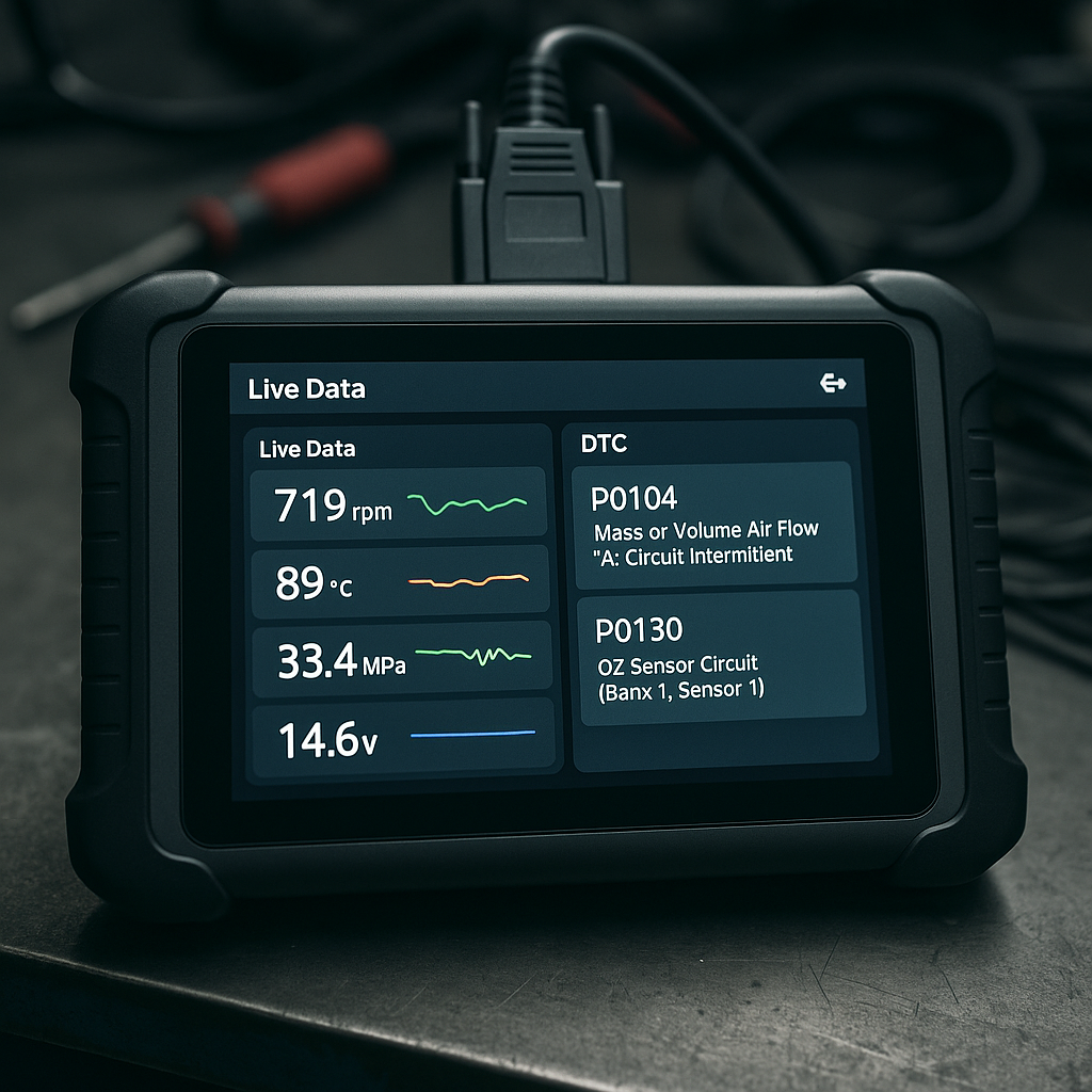 Close-up of best OBD diagnostic tools 2026 screen showing live data readout in a garage