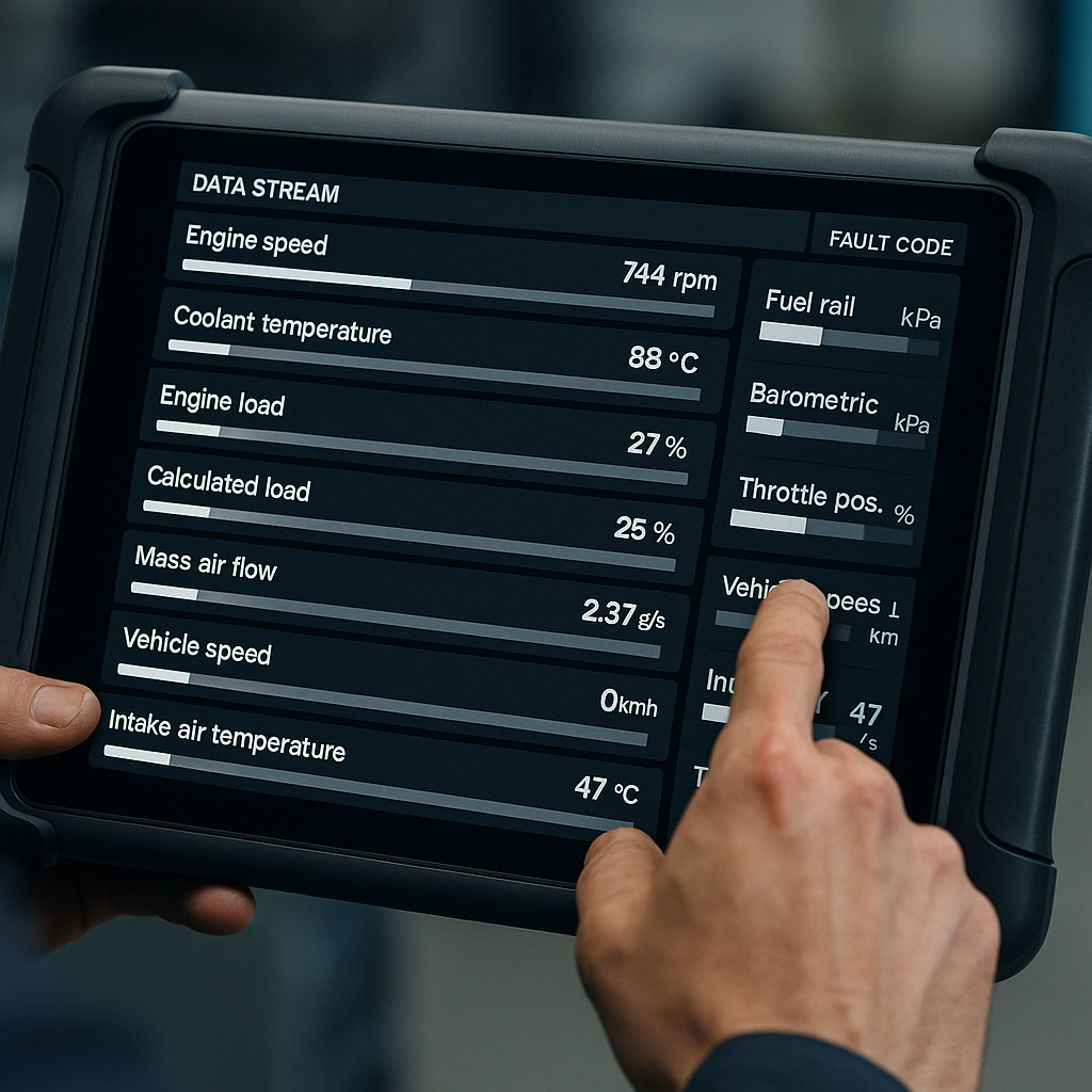 Close-up of live data on a diagnostic platform used for OBD3 diagnostics for mechanics