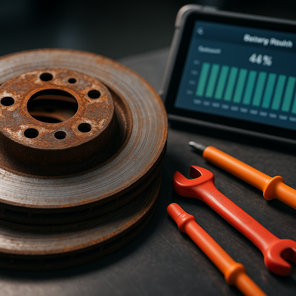 Corroded EV brake discs illustrating a common fault pattern in hybrid and EV servicing