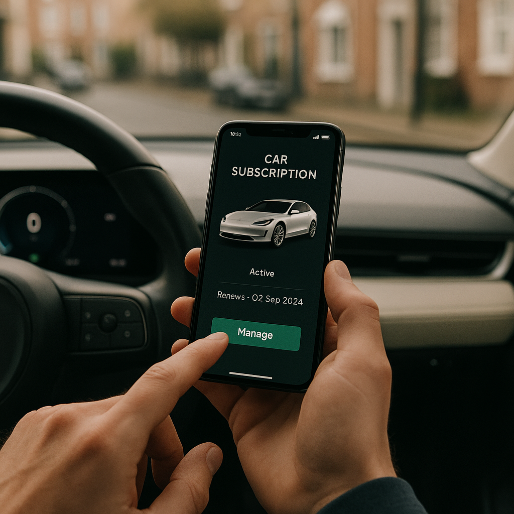 Driver managing a car subscription service UK 2026 via mobile app inside an electric vehicle