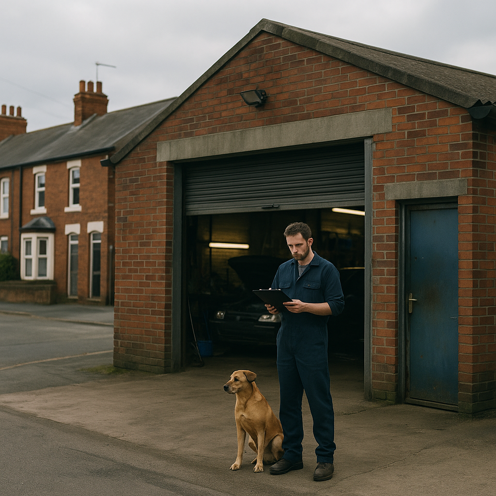 Independent garage mechanic reviewing motor trade insurance UK 2026 paperwork outside his workshop