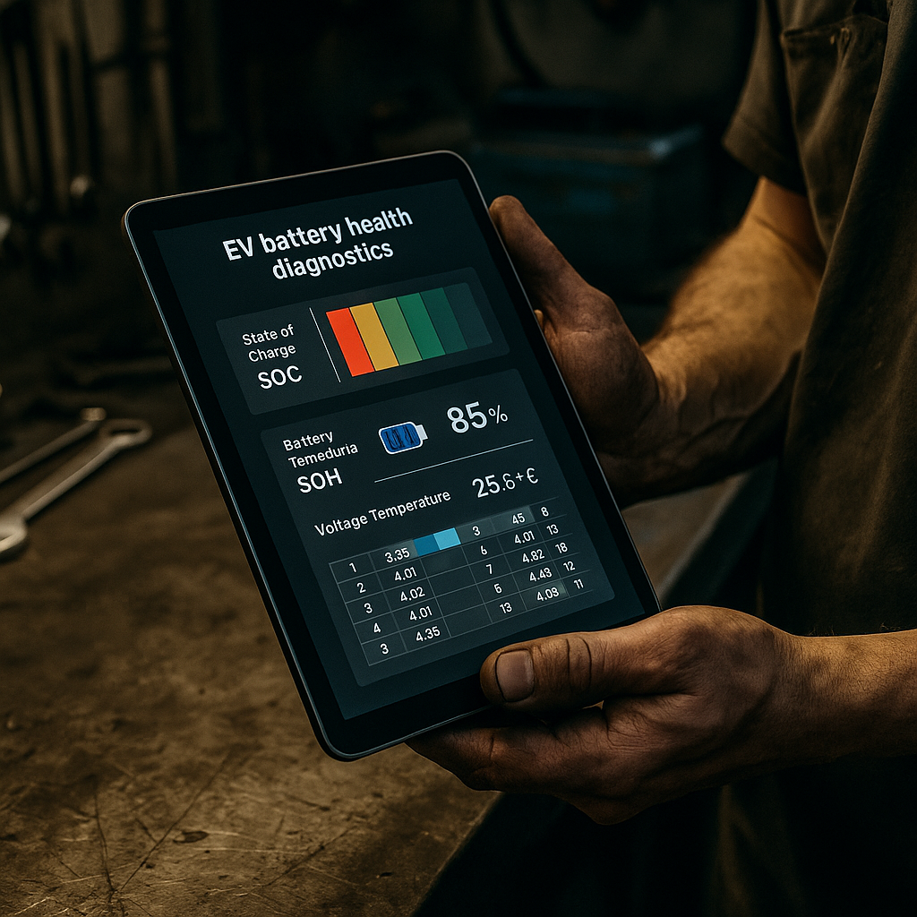 Mechanic checking battery health data as part of assessing used EV prices UK crashing impact on stock