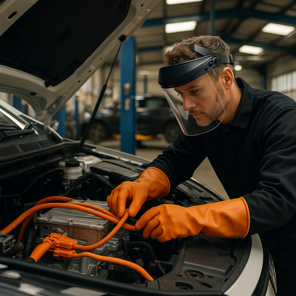 Mechanic following EV high voltage safety procedure in a UK workshop wearing rated PPE