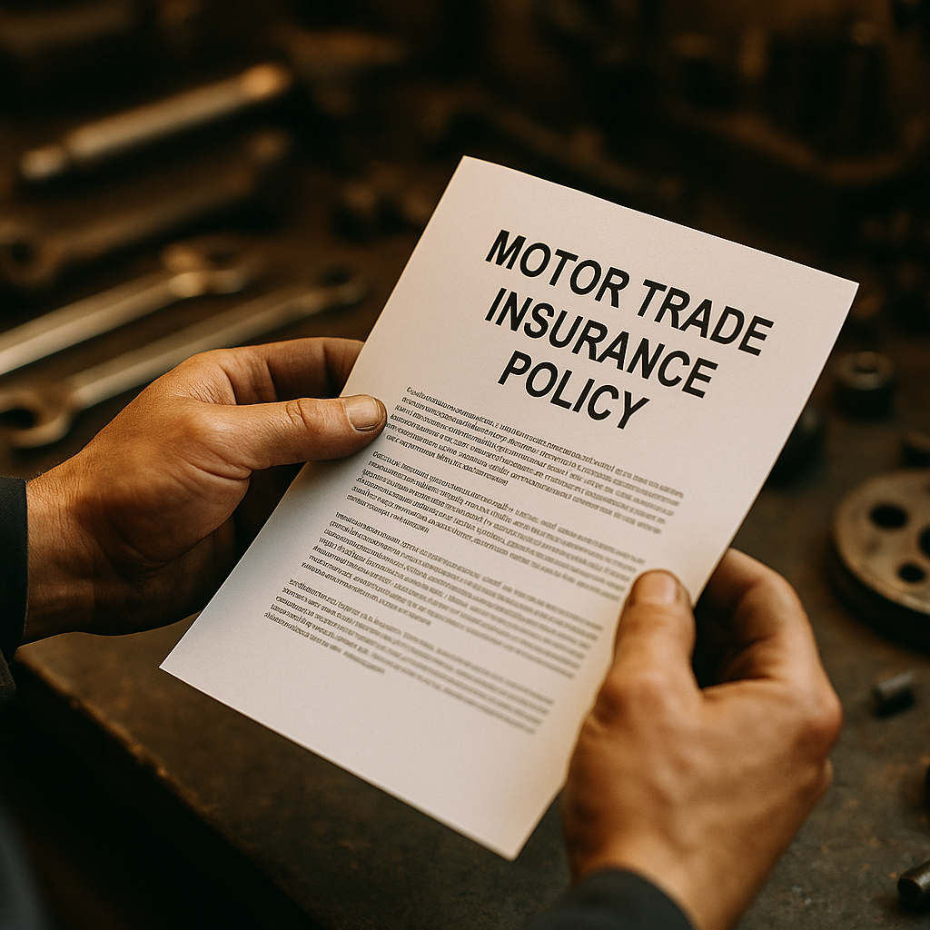 Motor trade insurance policy document reviewed by a UK mechanic at his workbench