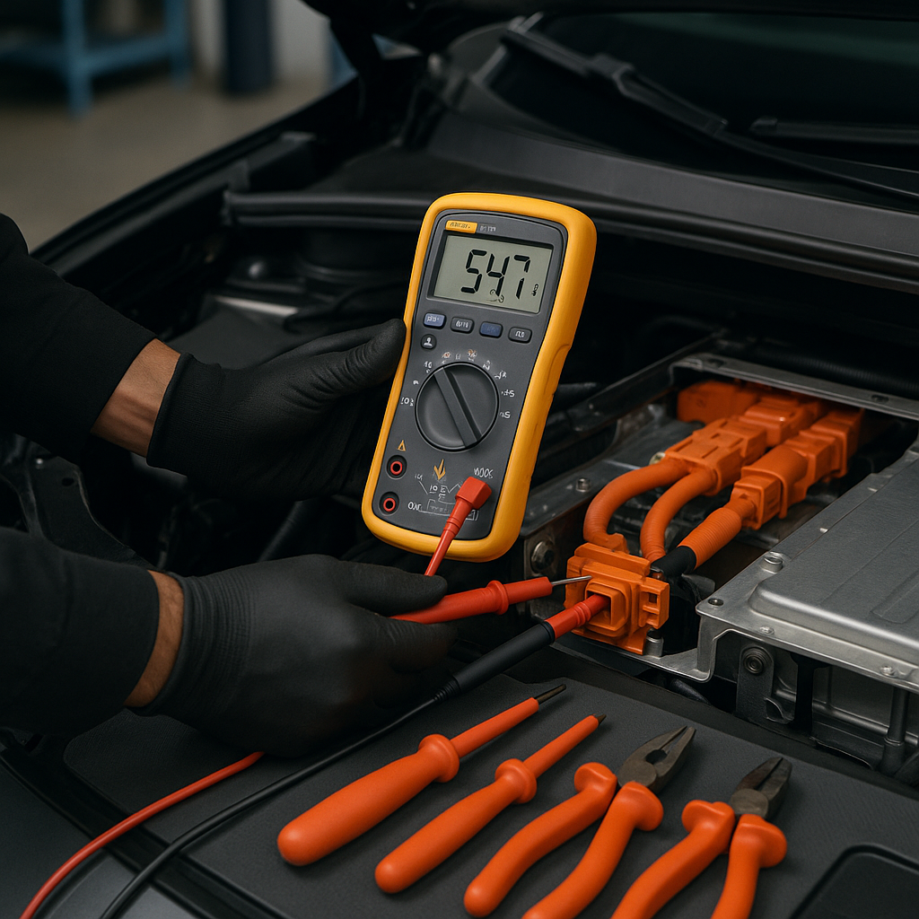 Technician using calibrated multimeter as part of EV high voltage safety isolation check