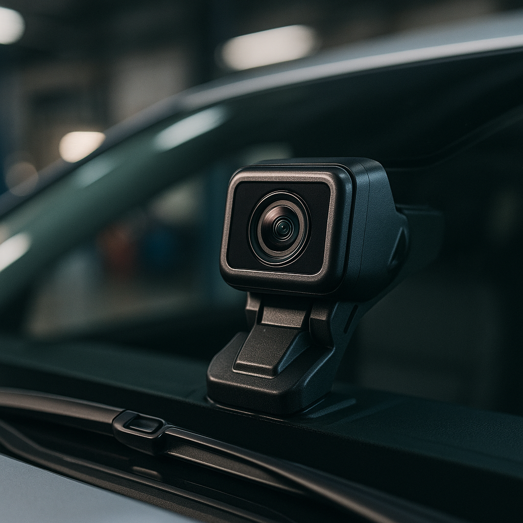 Close-up of a forward-facing ADAS camera on a car windscreen requiring calibration at an independent garage