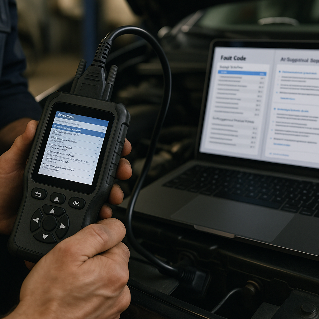 Close-up of AI vehicle diagnostics scanner connected to a car in a garage