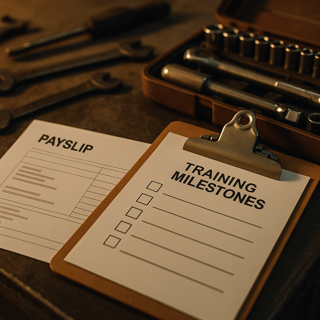 Garage payslip and training documents on workbench representing apprentice mechanic wages and apprenticeship structure