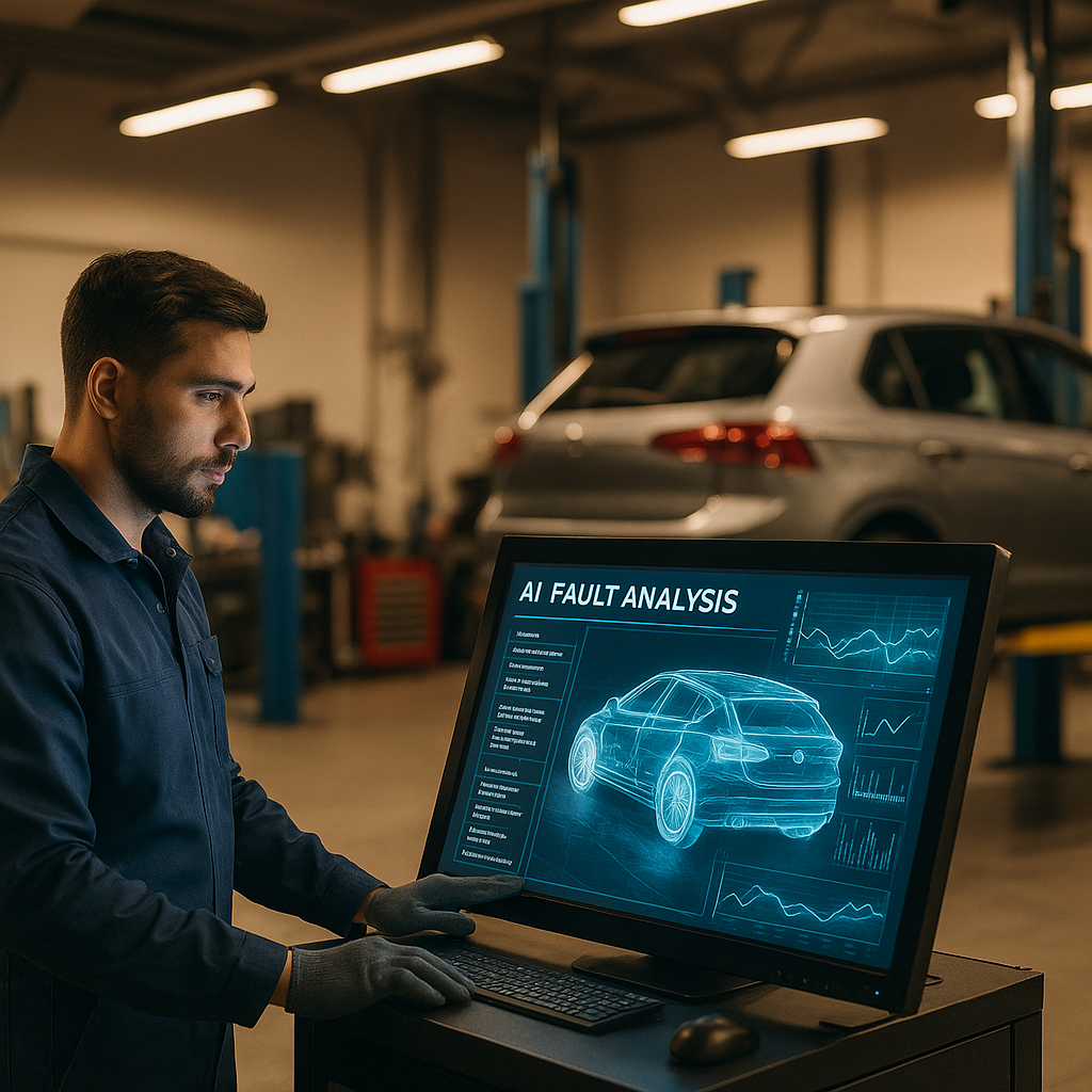 Mechanic reviewing AI vehicle diagnostics on a workshop terminal in a modern UK garage