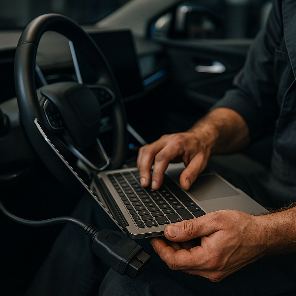 Mechanic running EV diagnostics, a key skill for UK mechanics adapting to the 2035 petrol car ban