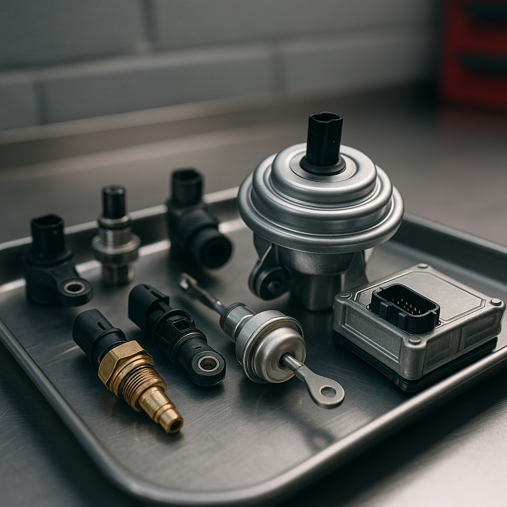 Automotive components affected by car parts supply delays UK 2026 including ECU and turbo parts on a workshop bench