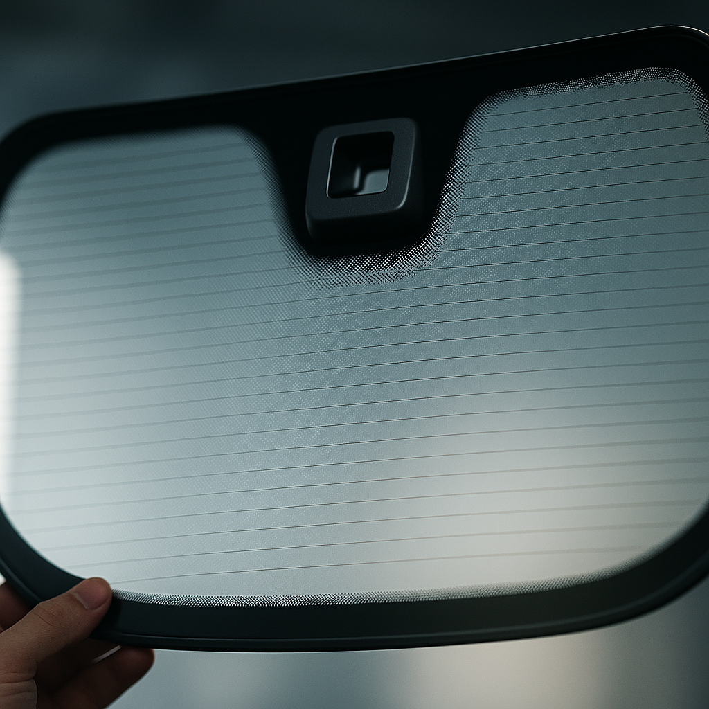 Close-up of a heated windscreen with ADAS camera bracket, a key factor in windscreen replacement cost UK 2026