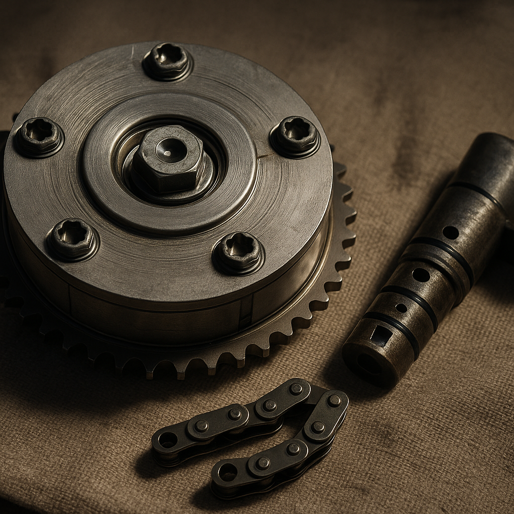 Close-up of cam phaser and oil control solenoid removed during variable valve timing failure repair
