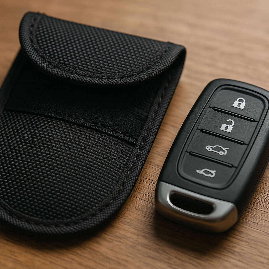 Faraday pouch and keyless car fob used in keyless car security UK protection