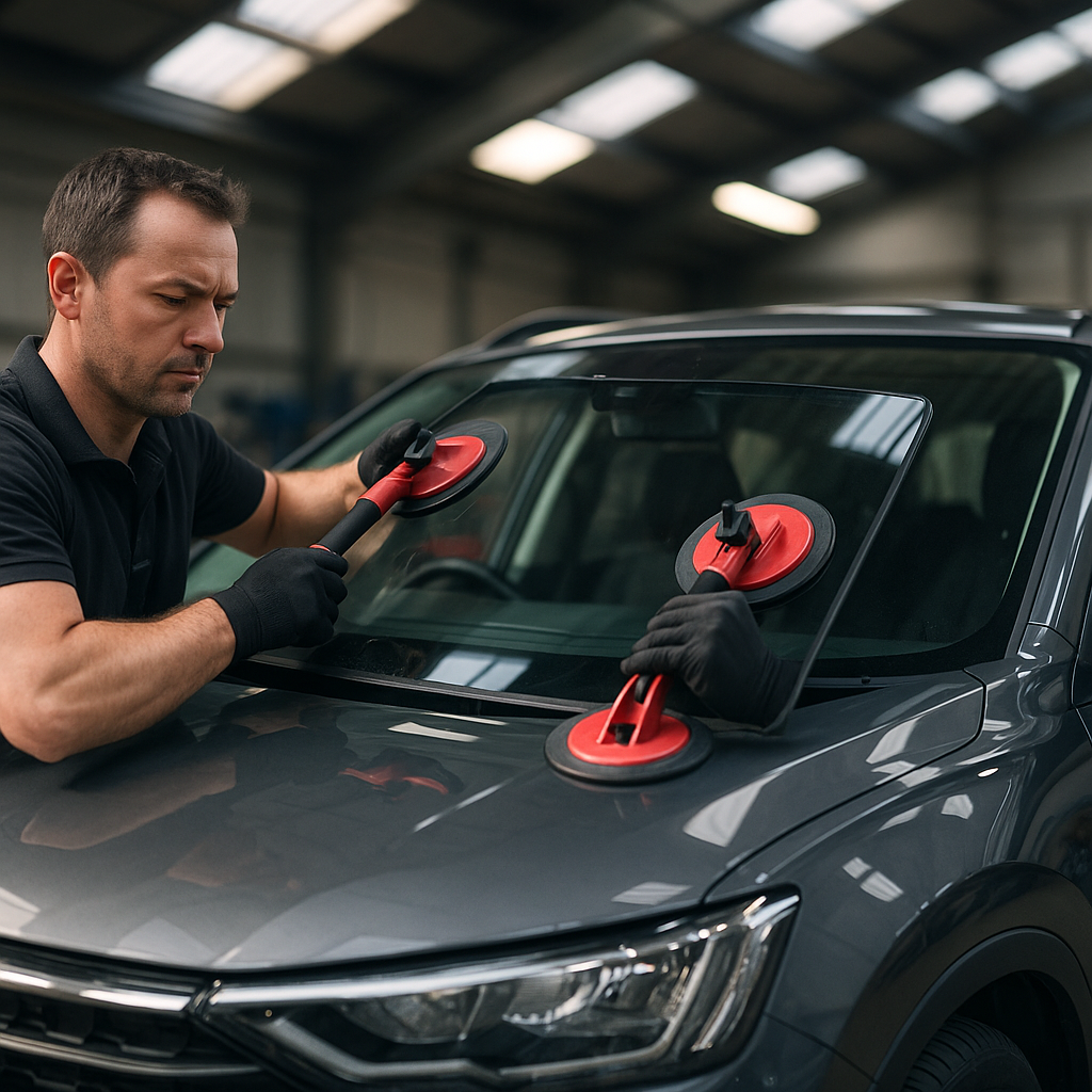 Glazing technician fitting a replacement windscreen in a UK garage, illustrating rising windscreen replacement cost UK 2026