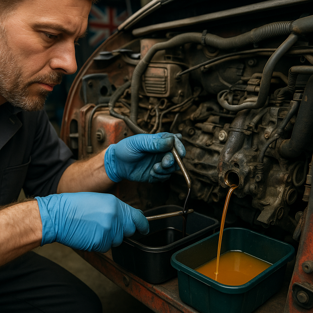 Mechanic carrying out depollution process required by UK end-of-life vehicle regulations