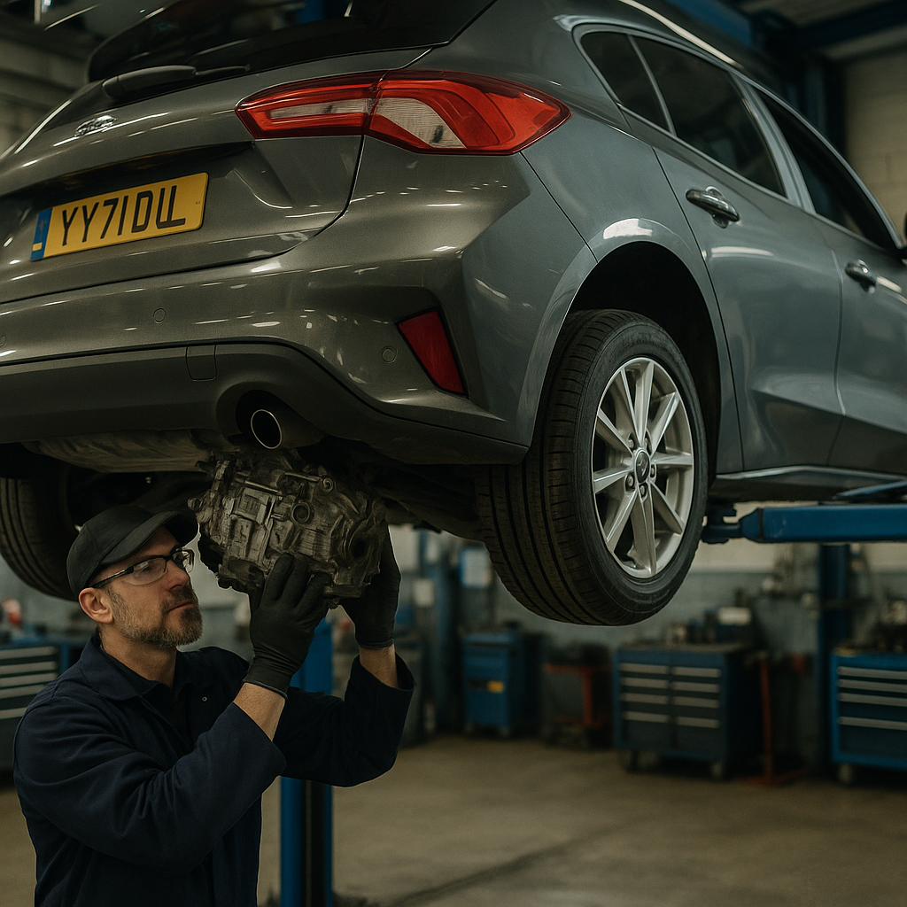 Mechanic inspecting dual clutch gearbox in a UK workshop garage