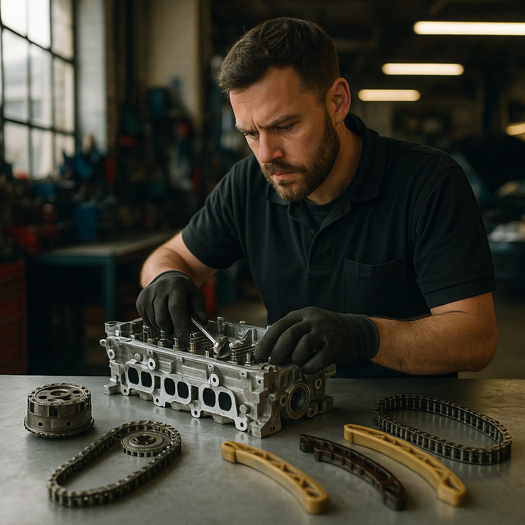 UK mechanic inspecting cam phaser components during a variable valve timing failure diagnosis