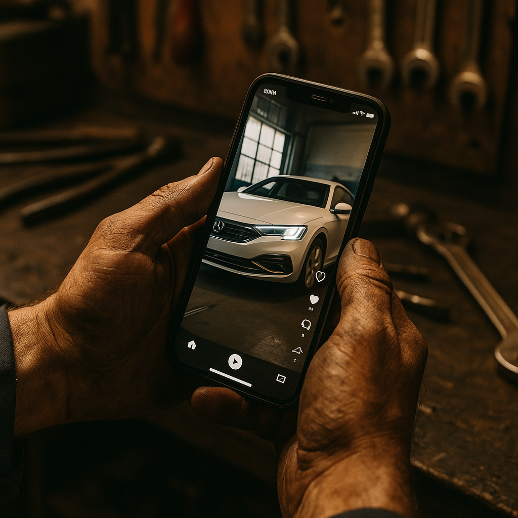 Used car trader social media UK content creation on Instagram Reels in a UK workshop setting
